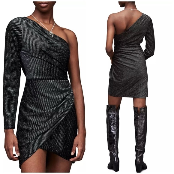 New All Saints Ezra Sparkle Dress One Shoulder Side Ruched Party Cocktail Sz 10